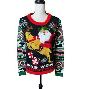 With Love Derek Wild West Christmas Sweater Cowboy Santa Reindeer Sequin Black M